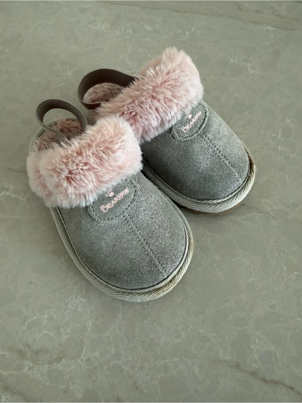 BearPaw Kids Grey Slip-On Shoes with Pink Faux-Fur Collar